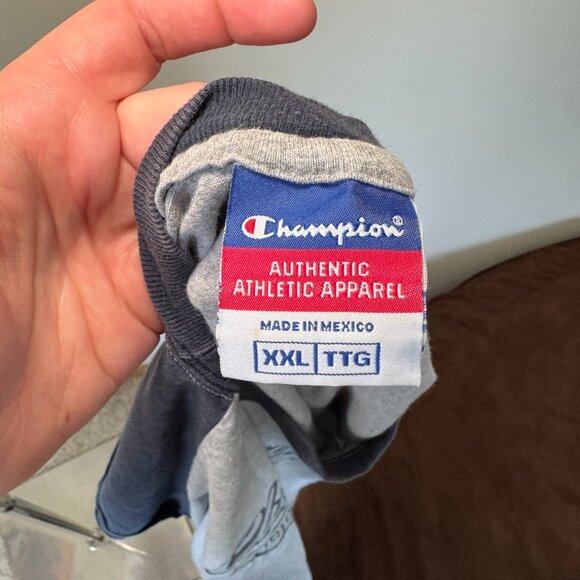 Champion Navy Blue and Grey Baseball Style Graphic T Shirt - Picture 10 of 13